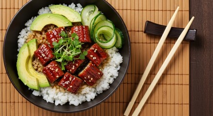 Delicious bowl of rice topped with grilled eel, fresh avocado, cucumber slices, and garnished with microgreens and sesame seeds