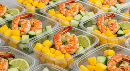 Fresh and Colorful Shrimp Salad with Mango, Cucumber, and Lime in Clear Containers for Healthy Eating