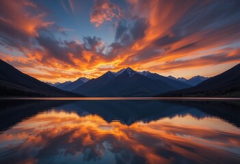 Stunning sunset over mountain range and lake with vibrant orange and blue sky reflection