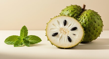 Fresh Green Cherimoya Fruit Cut Open with Mint Leaves on a Simple Beige Background