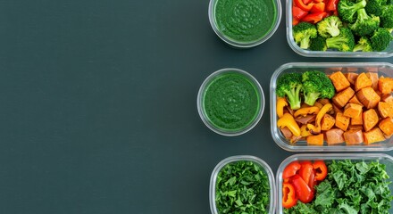 Fresh Meal Prep Containers with Healthy Vegetables and Smoothies on Dark Background