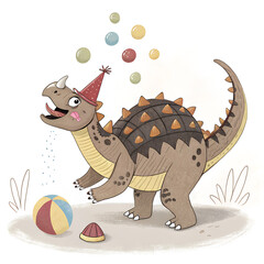 Watercolor Dinosaur Illustration – Playful Dino with Party Hat & Colorful Balls