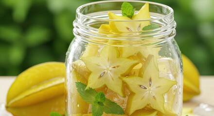 Fresh Starfruit Slices in Glass Jar with Mint Leaves on Wooden Table Surrounded by Greenery