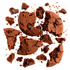 chocolate cookie crumbles flying on white background
