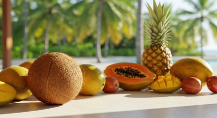 Fresh Tropical Fruits Displayed on Table Against Beautiful Background with Palm Trees and Ocean View