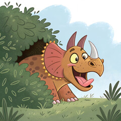 Cartoon Triceratops Illustration – Friendly Dinosaur Peeking from Behind Bush. Add a touch of prehistoric fun to your collection