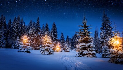 enchanted forest at night glowing lights illuminate evergreen trees magical winter wonderland scene