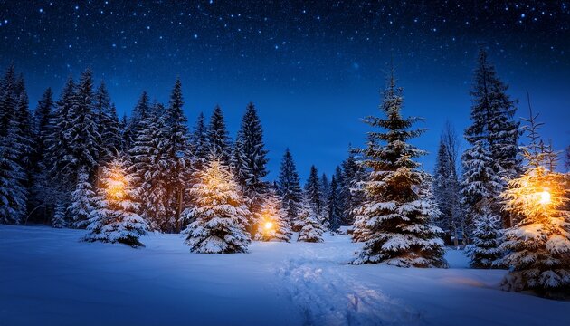 enchanted forest at night glowing lights illuminate evergreen trees magical winter wonderland scene