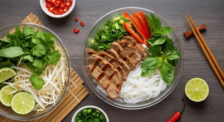 Fresh Vietnamese Cuisine featuring Grilled Beef, Rice Noodles, and Colorful Fresh Herbs and Vegetables on a Wooden Table