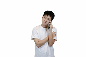 Young asian Man in White Shirt Speaking on a Mobile Phone in white isolated background