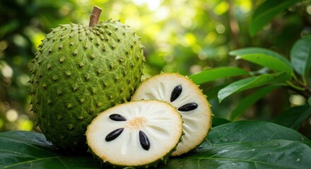 Freshly Cut Soursop Fruit on Green Leaves Surrounded by Lush Foliage in Bright Natural Light