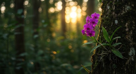 Vibrant purple orchid blossom growing on tree trunk in enchanting forest during golden hour light