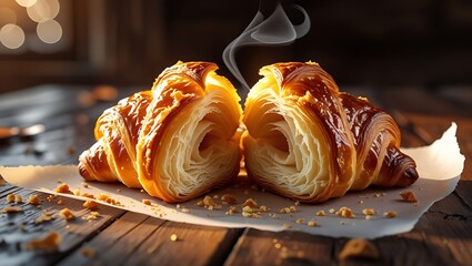 Freshly Baked Croissants with Flaky Layers and Golden Crust on Rustic Parchment for Cozy Breakfast Scene