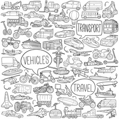 Vehicles and Transports Set Line art. Travel Doodle vector art design.