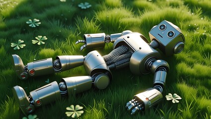 Futuristic Robot Resting Peacefully on Clover Grass