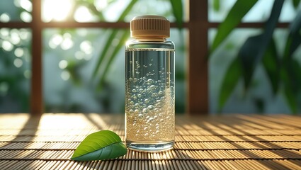 Transparent Bottle with Sparkling Bubbles on Bamboo Mat in Sunlight