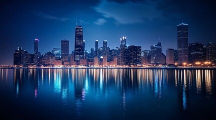 Fototapeta premium Illuminated Night Skyline: Dramatic Buildings in Urban Landscape