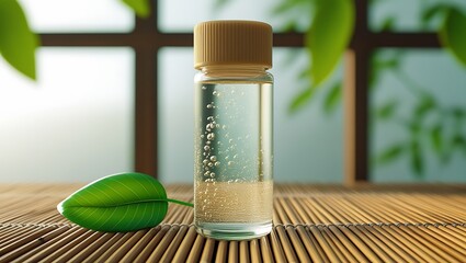 Minimalist Glass Bottle with Bubbles and Leaf on Bamboo Mat