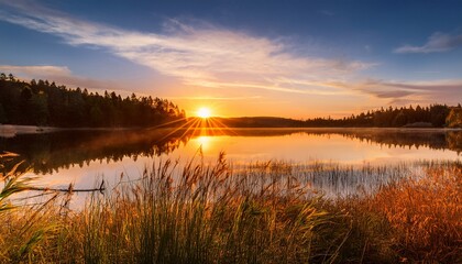 Obraz premium serene lake landscape at sunset with tall grasses and tranquil water peaceful nature scene