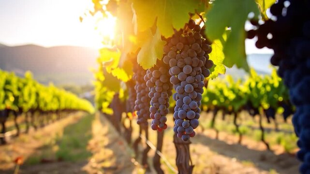 Vineyard view with grapes in sunlight