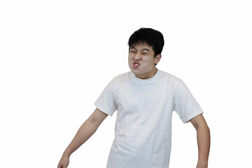 young man making funny face in isolated background