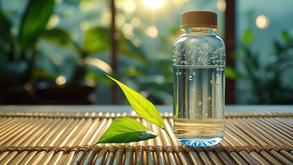 Clear Bottle with Sparkling Water and Green Leaves on Bamboo Mat in Morning Sunlight