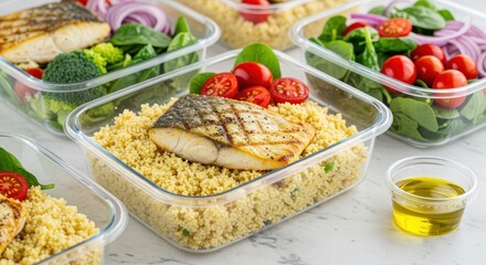 Healthy Meal Prep with Grilled Fish, Fresh Vegetables, and Couscous in Clear Containers