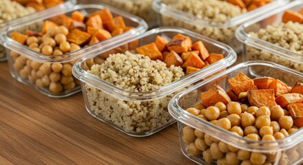 Healthy Meal Prep with Quinoa, Chickpeas, and Roasted Sweet Potatoes in Glass Containers