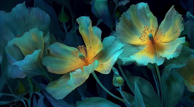 Horizontal camera move past glowing alien flowers on dark terrain, surreal bioluminescent lunar plants in slow motion