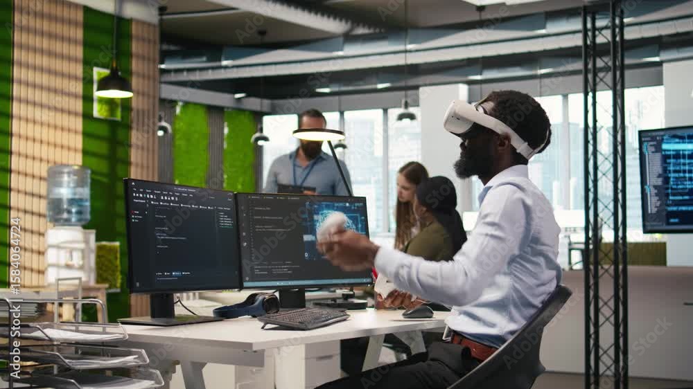 Fototapete admin using virtual reality tech, automating repetitive tasks with ai scripts. employee wearing vr h