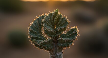 Unique Cactus with Spines Against a Warm Sunset Background in Desert Landscape