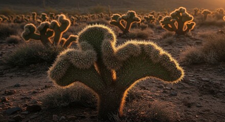 Sunlit Cactus Landscape at Dusk with Desert Flora and Unique Vegetation Profiled in Warm Golden Glow