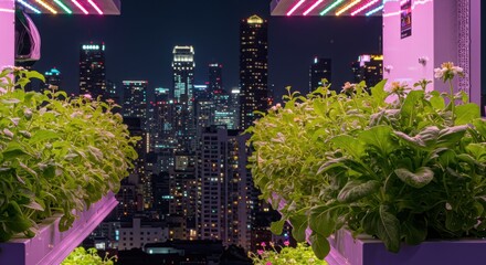Urban rooftop garden with vibrant plants against a backdrop of city skyline and glowing neon lights at night