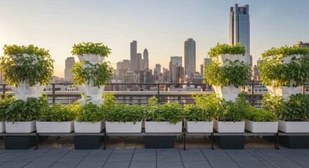 Urban rooftop garden with vertical planters and city skyline at sunset showcasing sustainable living and green architecture