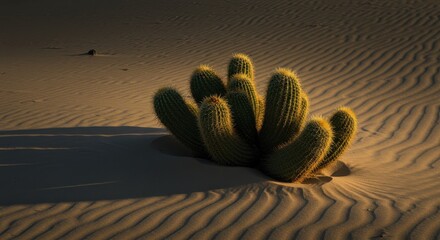 Vibrant Green Cactus Growing in Sandy Desert Landscape under Soft Natural Light
