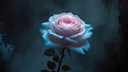 Blue-Pink Rose in Bloom with Leaves Against Dark Background