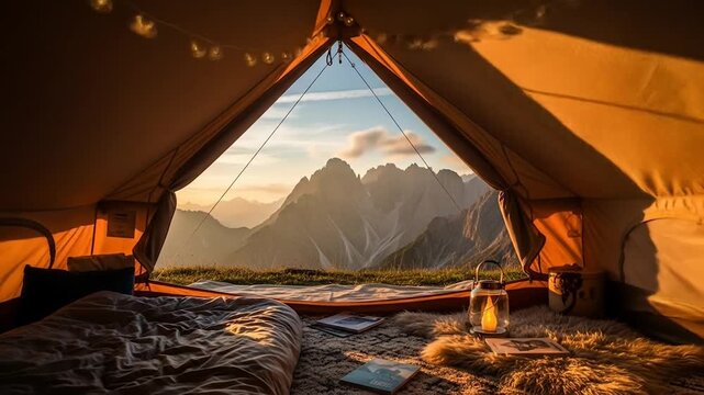 View from inside a tent showcasing mountains, a bedroll, a lantern, and books, bathed in warm light.