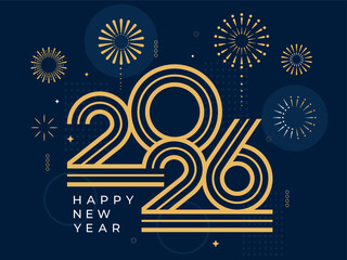 2026 Happy New Year with fireworks design vector illustration. Unique 2026 logo design template. In gold and blue color
