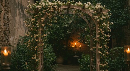 Obraz premium Romantic Floral Archway Surrounded by Lush Greenery and Soft Candlelight in a Vintage Garden