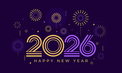 2026 Happy New Year with fireworks design vector illustration. Unique 2026 logo design template. In gold and purple color