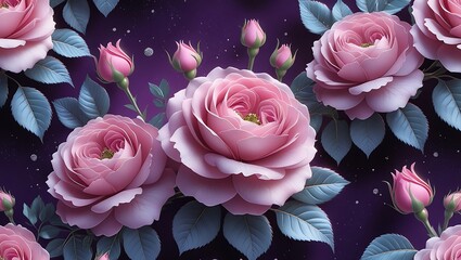 Elegant Pink and Blue Roses with Leaves on Deep Purple Background