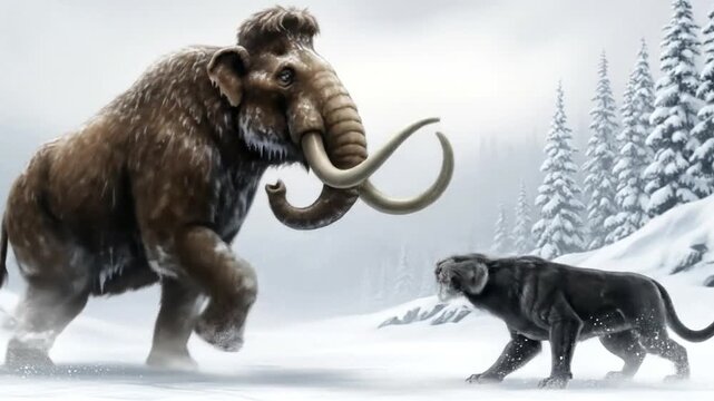 Mammoth Confronts Saber-Toothed Tiger in Snowy Prehistoric Landscape Video