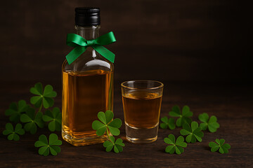 St patricks day theme whiskey bottle with green ribbon and shot glass for national scotch day festive celebration of irish heritage and classic spirit drinking
