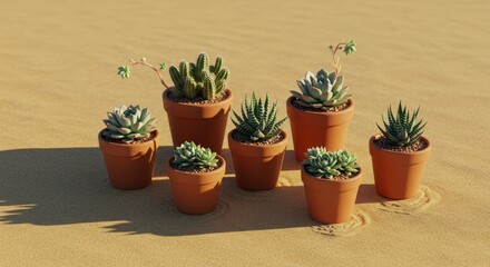 Collection of Various Succulent Plants in Terracotta Pots on Sandy Surface Under Bright Sunlight