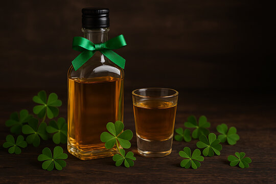 St patricks day theme whiskey bottle with green ribbon and shot glass for national scotch day festive celebration of irish heritage and classic spirit drinking