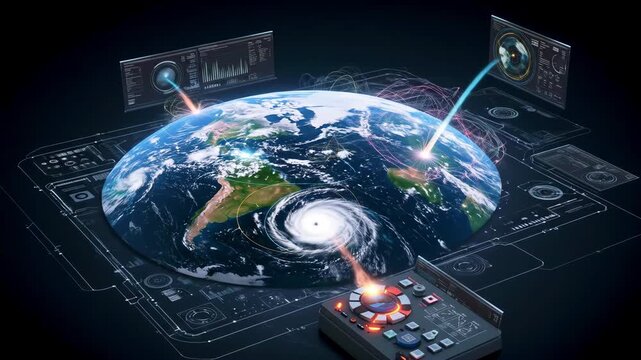 A futuristic control panel monitoring Earth with a focus on a hurricane, showcasing data analytics