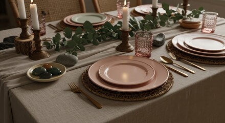 Elegant Dining Table Arrangement with Soft Pink Plates and Natural Decor in a Cozy Setting