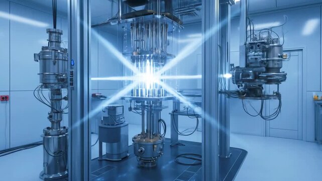 Advanced quantum computing facility showcasing a high-tech processor with glowing energy, surrounded by sleek machinery and a sterile environment