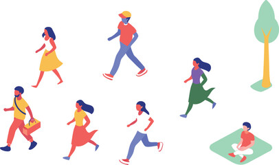 People walking running and sitting in a park vector