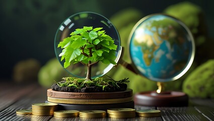 Eco Wealth Investment Concept with Magnifying Glass, Tree, Coins, and Globe Over Soil